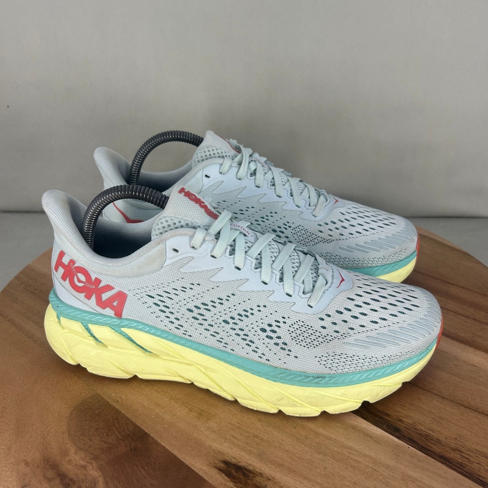 Hoka One One Clifton 7 Morning Mist Hot Coral Running Shoes 1110509 MMHC Women 9